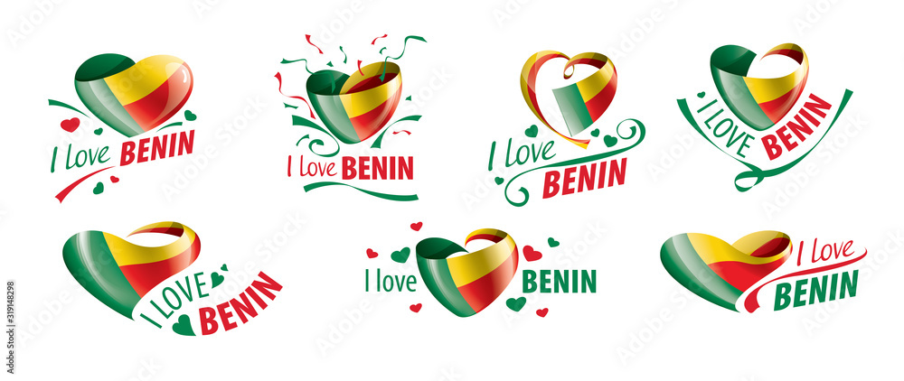National flag of the Benin in the shape of a heart and the inscription I love Benin. Vector illustration