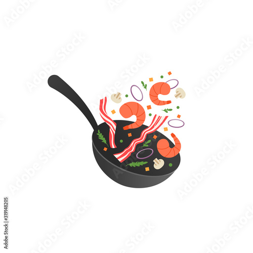 Cooking process vector illustration. Flipping fry shrimps and bacon in a pan. Cartoon flat style
