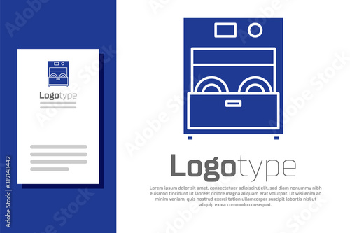 Blue Kitchen dishwasher machine icon isolated on white background. Logo design template element. Vector Illustration