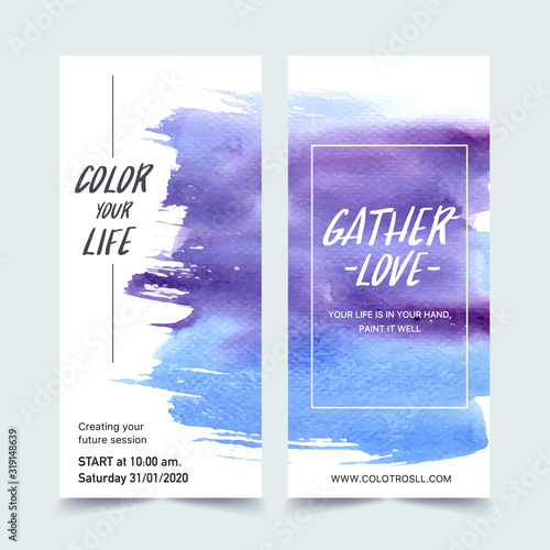 Splash color flyer design with purple, blue watercolor illustration,