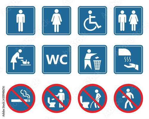 toilet icons set, restroom wc signs and prohibited symbols