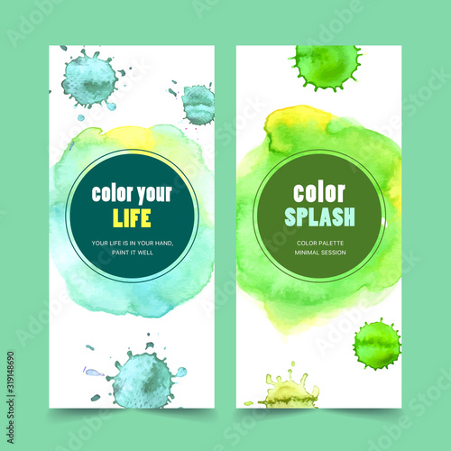 Splash color flyer design with blot, paper, ink  watercolor illustration