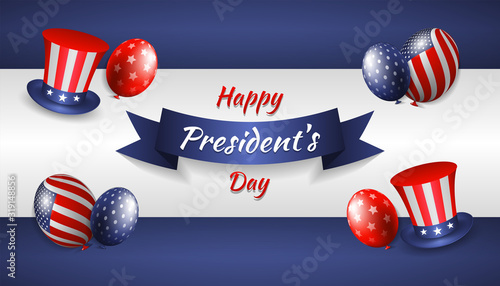 Happy president's day with realistic uncle sam hat, balloon and ribbon in dark background. Vector illustration for President day in USA.