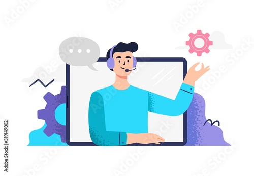 Handsome man answers phone calls, chatting with customers and help clients. Flat Vector illustration good for telemarketing, call centers, helpline or customer service. 