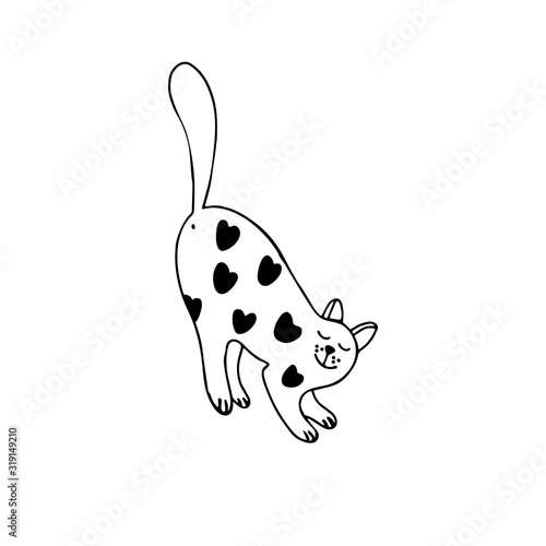 An adorable affectionate cat in doodle style, raised up tail.  It's white with black hearts. Hand drawn vector illustration in black ink on white background. Isolated picture for your design. 