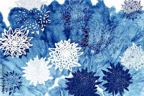 Vector chrysanthemum flowers on abstract indigo tie dye background. Hand drawn florals  on blue decorative texture. Clipping mask is used for further easy editing.