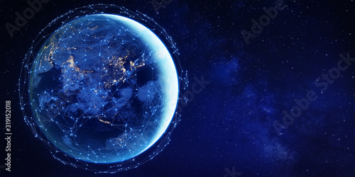 Fototapeta Naklejka Na Ścianę i Meble -  Connected network around planet Earth from space for global communication technology concept in Asia as Internet of Things, mobile web, fintech blockchain, big data, cloud, world element from NASA