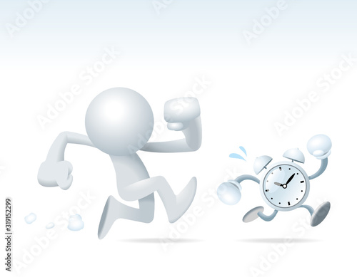 Cute little white Sim man chasing the cute alarm clock