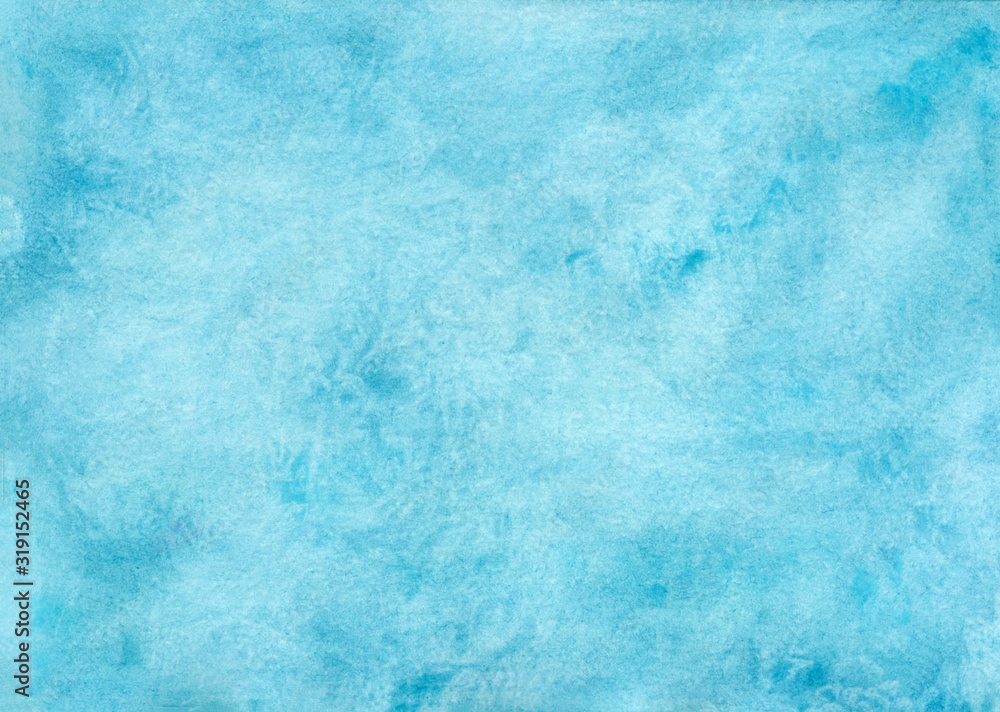 Abstract watercolor background in turquoise color with hand-drawn prints of paint.