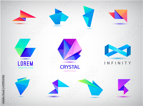 Vector set of colorful abstract 3d origami logos, icons. Business concept, company identity design templates. Crystal geometric