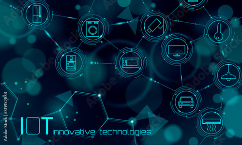 Internet of things icon innovation technology concept. Smart city wireless communication network IOT ICT. Home intelligent system automation online vector illustration