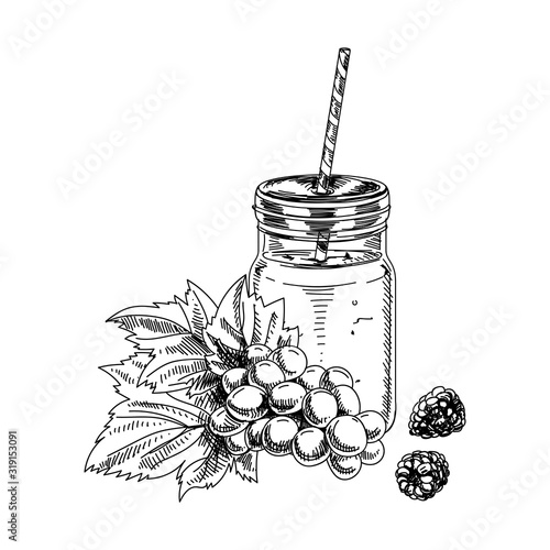 Glass jar mug of smoothie for healthy life with drinking straw, hand drawn sketch vector illustration.