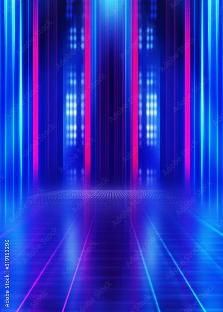 Abstract dark background with blue and pink neon glow. Neon luminous figure in the center of the stage. Light lines on a dark background, smoke, smog Abstract dark background with blue and pink neon glow. Neon luminous figure in the center of the stage. Light lines on a dark background, smoke, smog