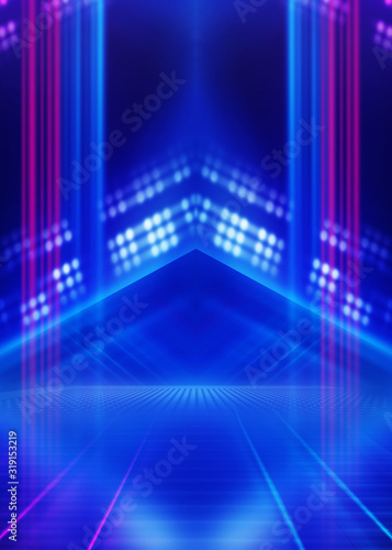 Fototapeta Naklejka Na Ścianę i Meble -  Abstract dark background with blue and pink neon glow. Neon luminous figure in the center of the stage. Light lines on a dark background, smoke, smog