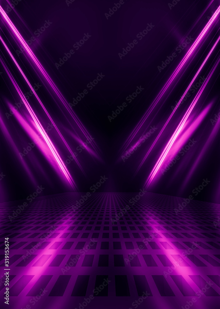 Fototapeta premium Abstract dark background with purple neon glow. Neon luminous figure in the center of the stage. Light lines on a dark background, smoke, smog