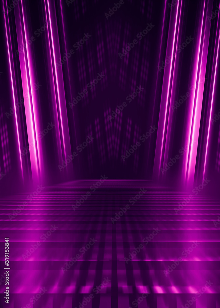 Abstract dark background with purple neon glow. Neon luminous figure in the center of the stage. Light lines on a dark background, smoke, smog