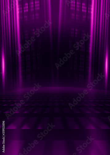 Abstract dark background with purple neon glow. Neon luminous figure in the center of the stage. Light lines on a dark background, smoke, smog