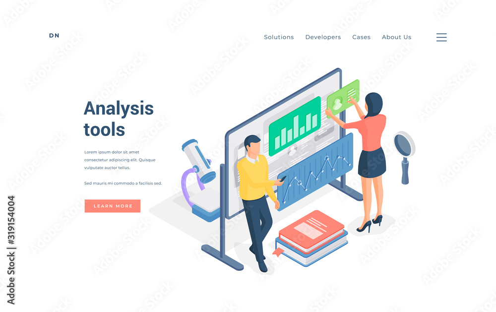 Scientists using various analysis tools. Isometric vector illustration