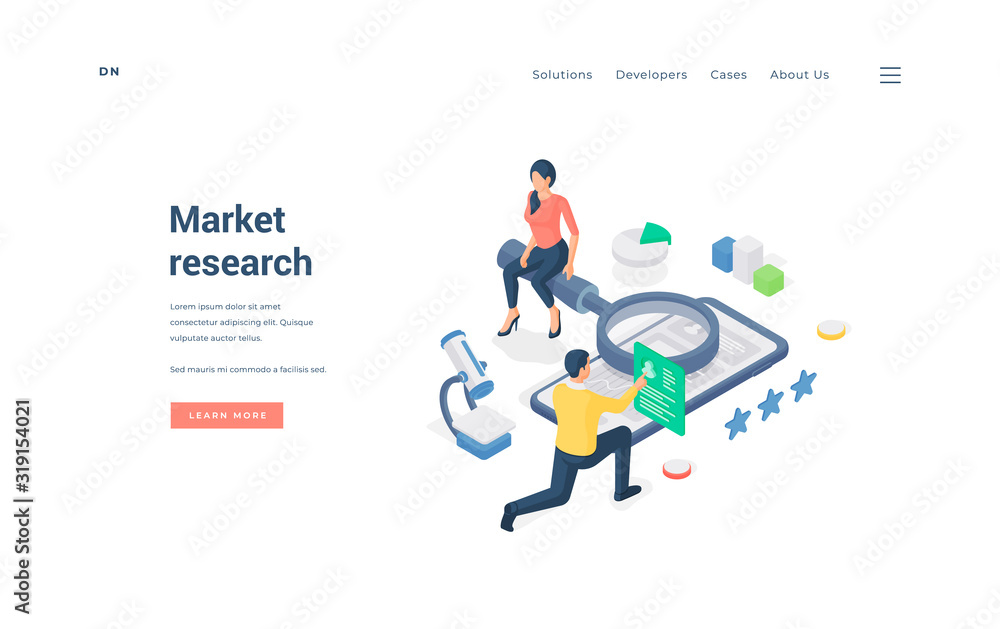 Man and woman researching online market. Isometric vector illustration