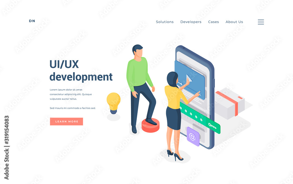 Programmers developing app UI together. Isometric vector illustration Programmers developing app UI together. Isometric vector illustration