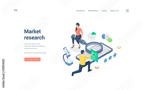 Man and woman researching online market. Isometric vector illustration