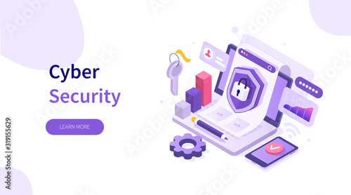 Laptop with Firewall Protection Shield on Screen. Personal Information and Data Safety. Password Security. Cyber Security and Data Protection Concept. Flat Isometric Vector Illustration.