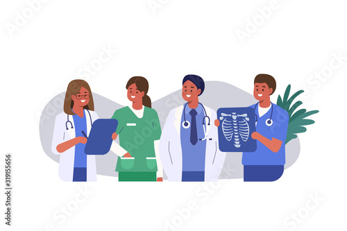 People characters work in Hospital. Nurse, Doctor Therapist, Surgeon and Other Medical Staff Standing Together. Male and Female Medical Characters Set. Flat Cartoon Vector Illustration.
