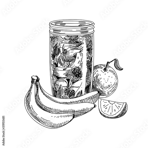 Jar with ingredients for smoothie making, hand drawn sketch vector illustration.