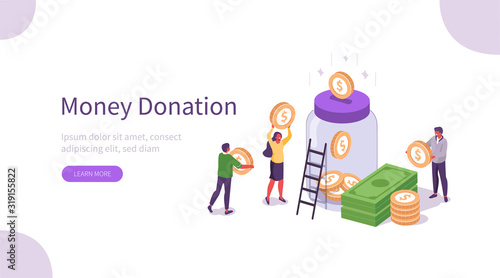 People Characters Donate Money for Charity. Volunteers Collecting and Putting Coins And Banknotes in Donation Jar. Financial Support and Fundraising Concept. Flat Isometric Vector Illustration.