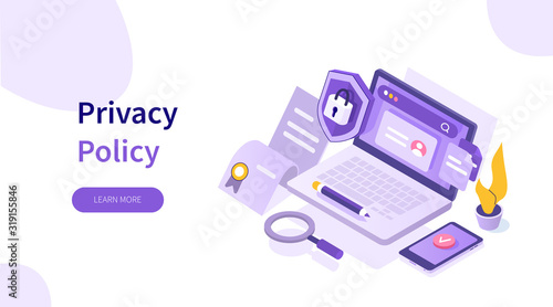 Laptop with Firewall Protection Shield on Screen. Personal Private Information and Data Safety. Cyber Security and Privacy Policy Concept. Flat Isometric Vector Illustration.
