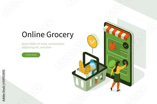 Retail Woman Cashier with Barcode Scanner Scanning Grocery at Supermarket. Man Customer Standing near Cashier Desk with Purchases in Retail Store. Shopping concept. Flat Isometric Vector Illustration.