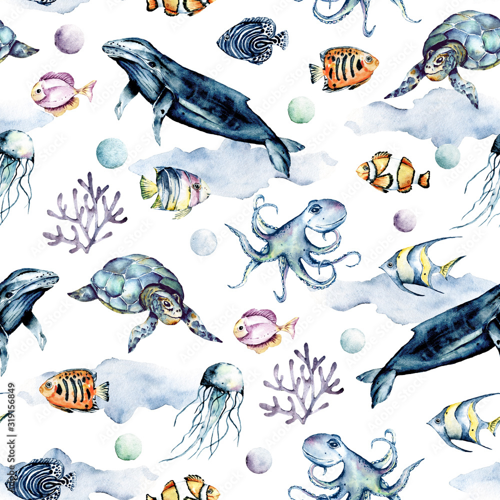 Seamless sea underwater background marine texture pattern with watercolor  cartoon tropical ocean animals Repeat fabric wallpaper Perfectly for kids  textile wrapping paper backdrop Stockillustration  Adobe Stock