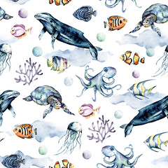 Sierkussen Zeedieren patronen Seamless sea underwater background, marine texture, pattern with watercolor cartoon tropical ocean animals. Repeat fabric wallpaper. Perfectly for kids textile, wrapping paper, backdrop.   © Larisa