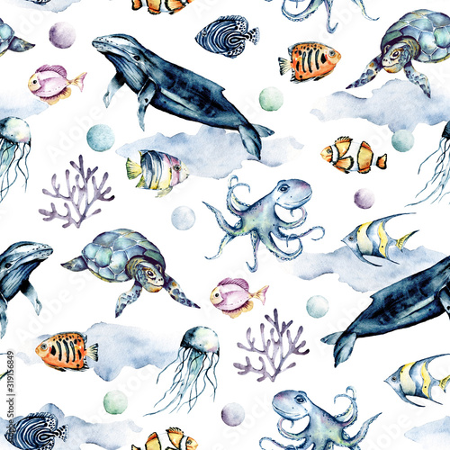 Fish and Wild Marine Animals Seamless Wallpaper on Blue Background  Inhabitants of the Sea World Cute Funny Underwater Creatures Stock  Illustration  Illustration of ocean series 252223239