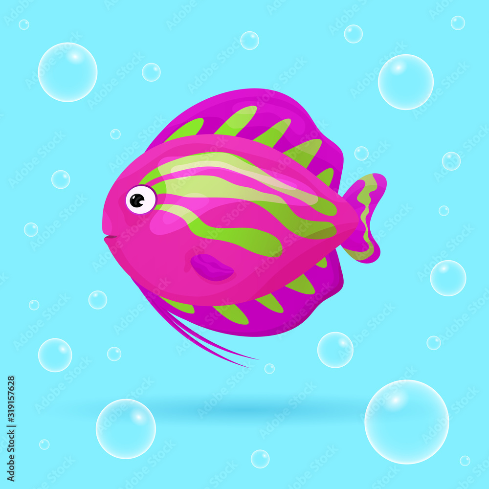Cute tropical fish on blue background with bubbles. Brightly-coloured ocean  fish. Underwater marine wild life. Vector illustration. Stock Vector