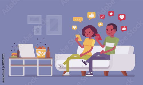 Gadget addiction, black couple dependent on smartphones. People glued to a screen, focusing on mobile device, social media obsession, virtual world instead of everyday routine. Vector illustration
