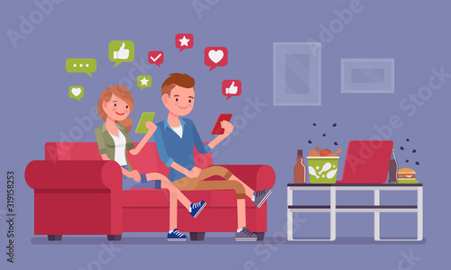 Gadget addiction, young couple dependent on smartphones. People glued to a screen, focusing on mobile device, social media obsession, virtual world instead of everyday routine. Vector illustration