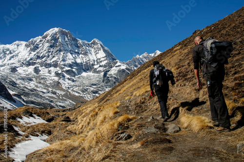 trekkers at the Annapurna mountain range in Nepal