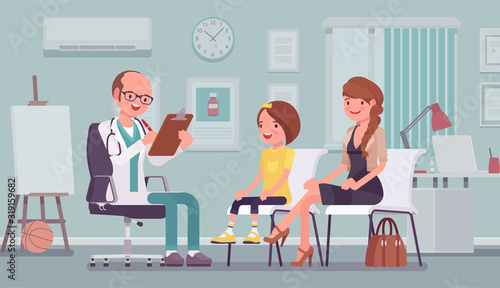 Child pediatric check up procedure, male doctor. Family visiting medical practitioner in clinic office, adolescent medicine specialist exam, health care of infant, children, kid. Vector illustration