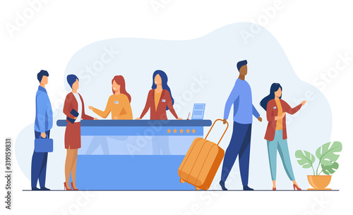 Friendly receptionists from hotel registration desk help client vector illustration. People waiting in queue for consultation. Concierge talking with traveler concept for presentation slides