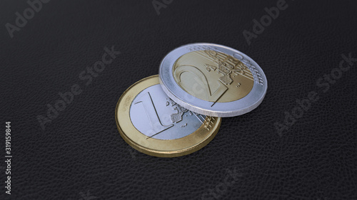 3d render one euro and two euro coin isolated on black background. Studio light.