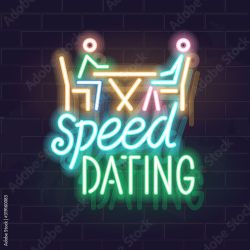 Neon speen dating scene. Man and woman talking with handwritten typography. Vector isolated neon illustration for any dark background.