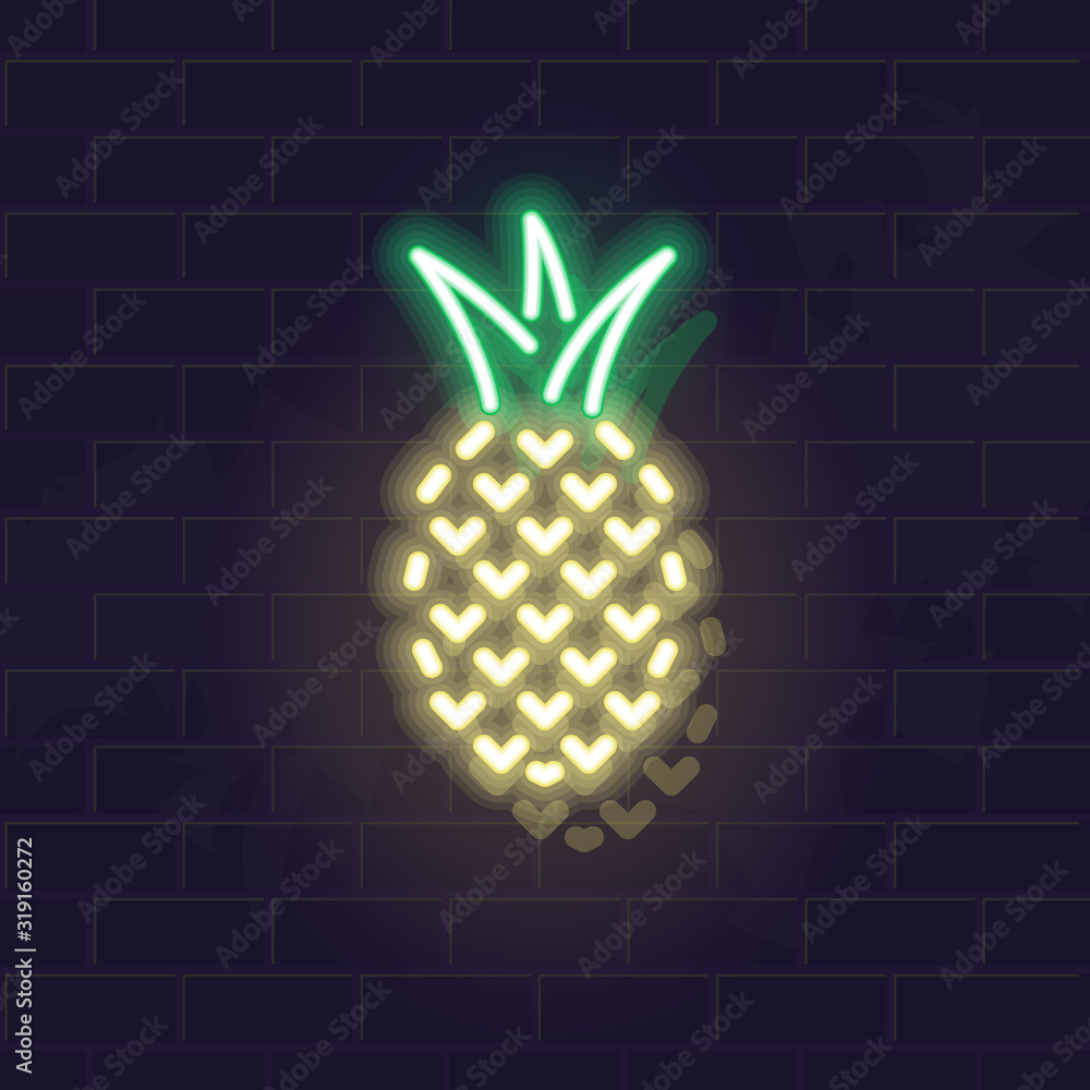 Neon pineapple icon. Vector isolated neon illustration for any dark