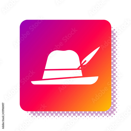 White Oktoberfest hat icon isolated on white background. Hunter hat with feather. German hat. Square color button. Vector Illustration