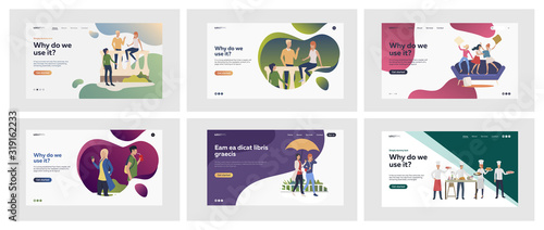 Set of people chatting and having fun together. Flat vector illustrations of men and women talking, walking, cooking. Relaxing and friendship concept for banner, website design or landing web page
