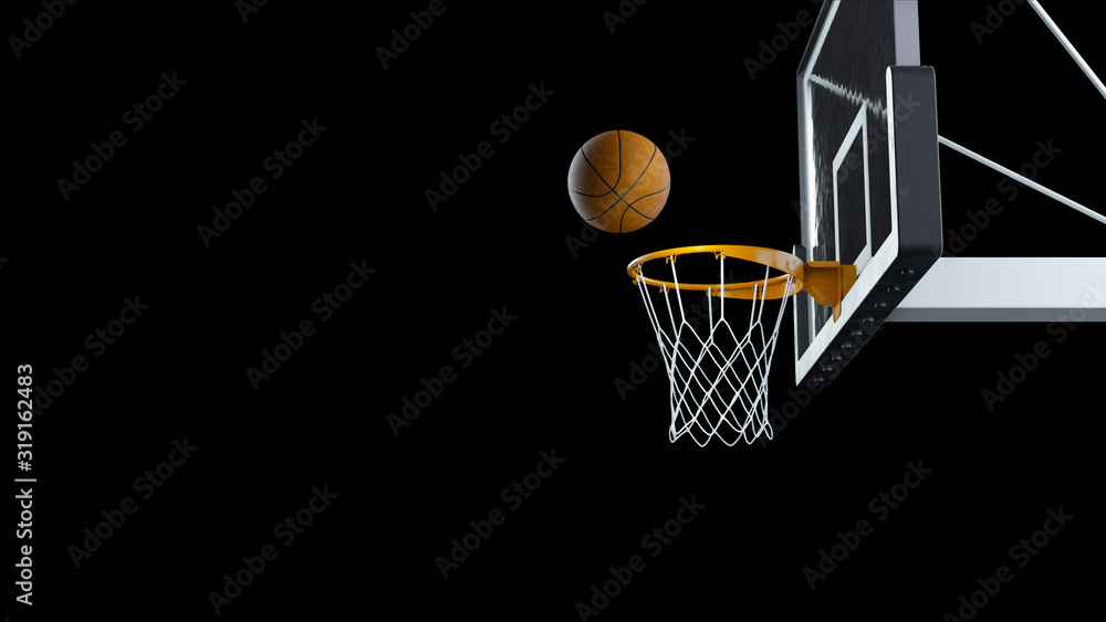 3d render Basketball hit the basket on a black background