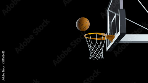 3d render Basketball hit the basket on a black background