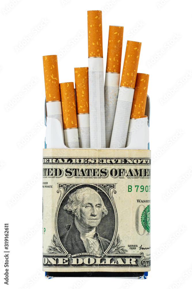 Package of cigarette wrapped with dollar banknote Package of cigarette wrapped with dollar banknote