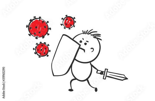 Battle with disease. Vector illustration, funny little man kills flying viruses.