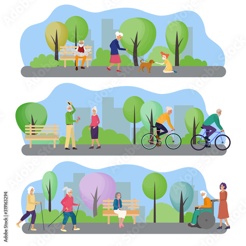 Vector illustration with active pensioners on vacation in a park near a big city. Elderly people walk with dogs and grandchildren, go on dates, ride bicycles, go in for sports walking relax on a bench
